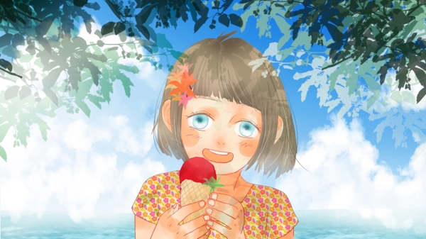 夏天树荫下吃冰激凌的小女孩插图壁纸