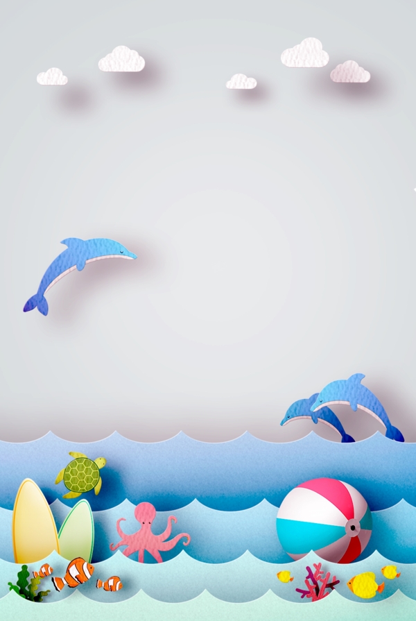 儿童节六一剪纸风清新海豚广告背景