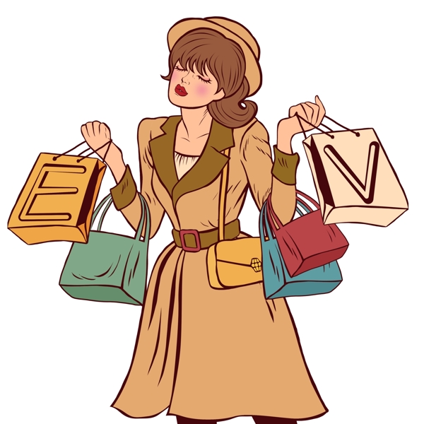 复古手绘提着购物袋的女性可商用元素