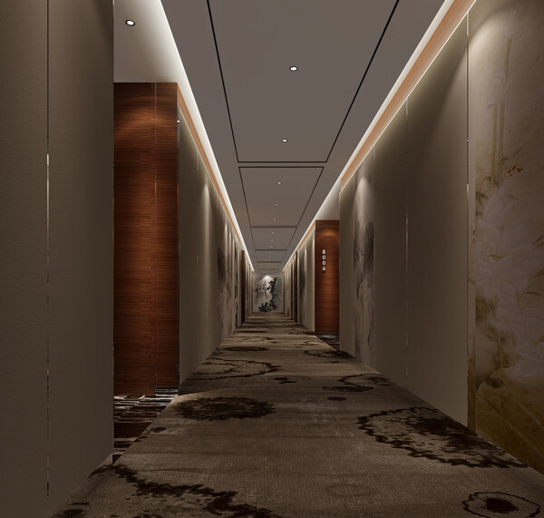 现代时尚经典风酒店走廊褐色花纹地毯工装图