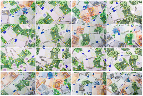 散落不同面值的欧元钞票图片