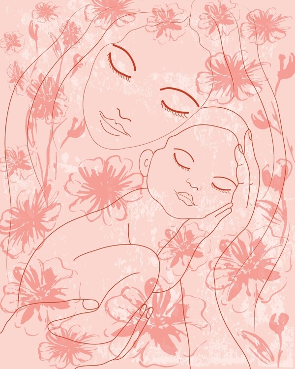 粉色手绘母子素材