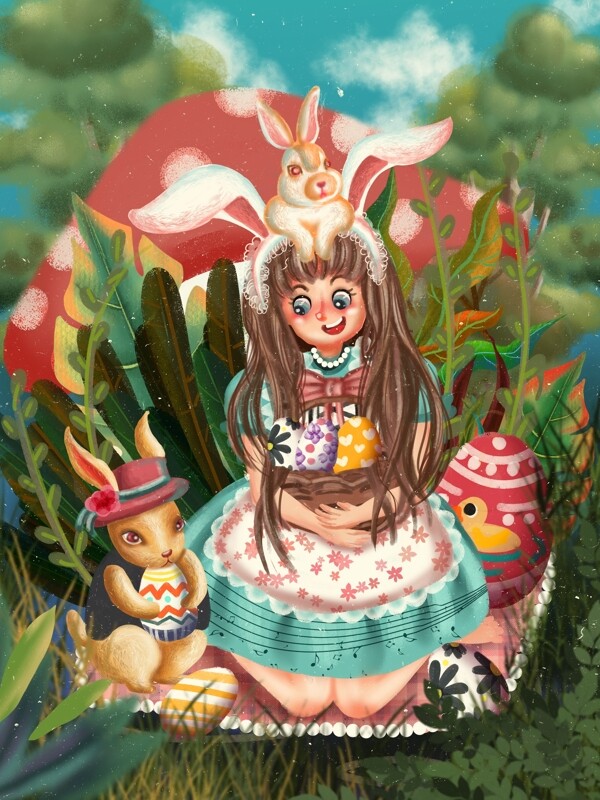 复活节节日兔子女孩儿童玩耍彩蛋树丛春游