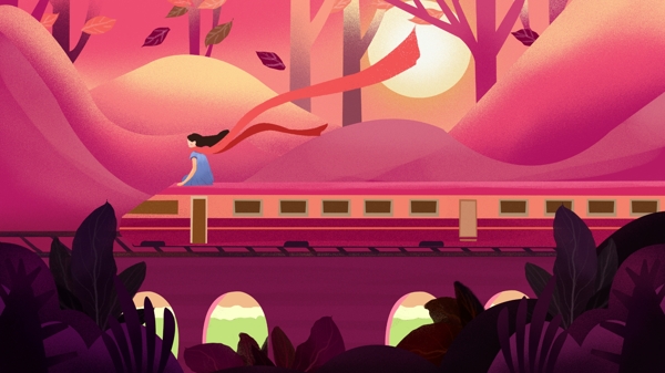 单身女孩的旅行旅游火车插画