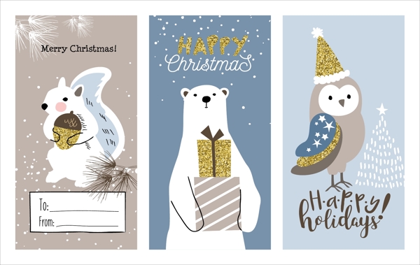 小熊猫头鹰卡通动物线稿圣诞节创意卡片矢量