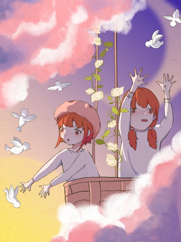 儿童节坐热气球到云端温馨插画