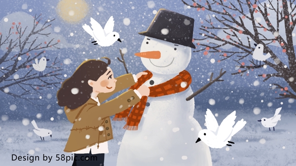 冬天你好给雪人戴围巾的小姑娘原创手绘插画