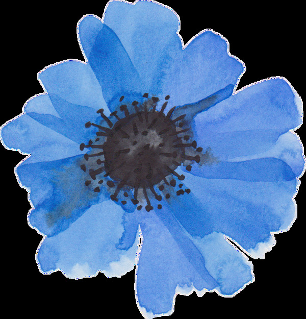 蓝色水墨渐变花卉卡通透明素材