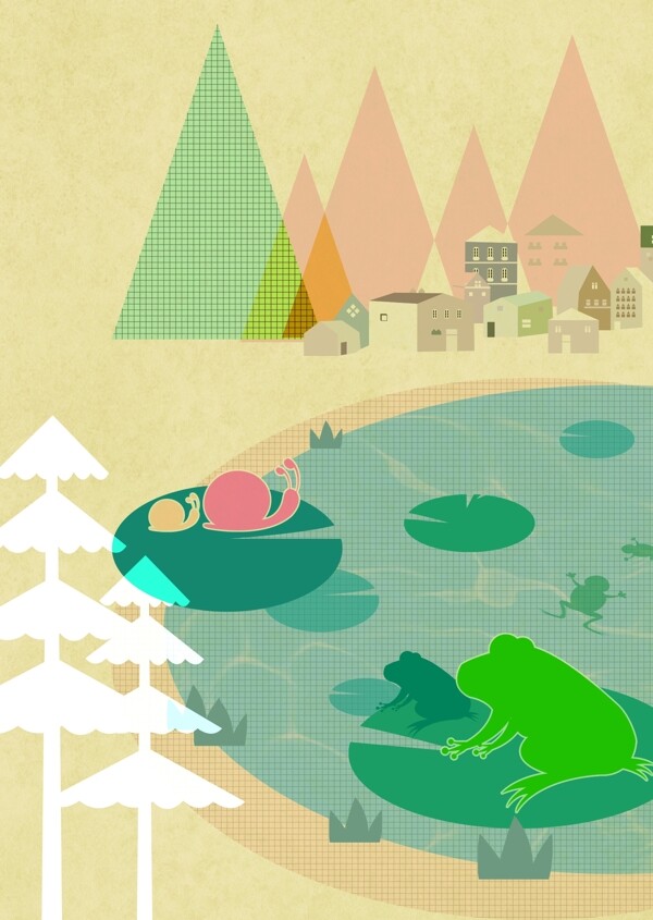 池塘上的荷叶和蜗牛青蛙
