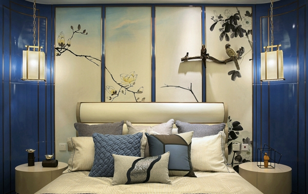 现代时尚卧室竹子图案背景墙室内装修效果图