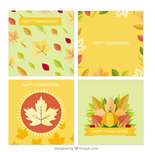 四张带有干树叶的感恩节贺卡