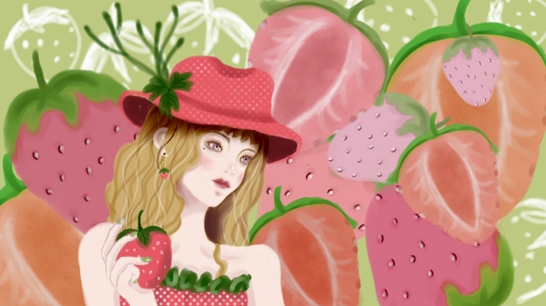 夏天的粉色草莓女孩清新可爱