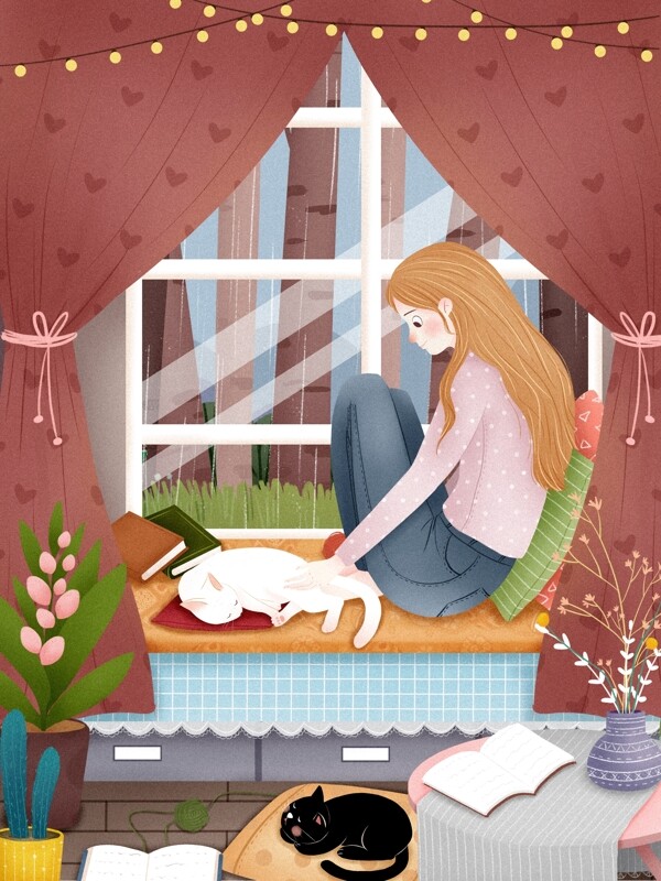 猫之日女孩和猫咪可爱插画