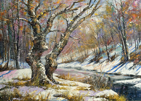 河流和树林雪景油画图片