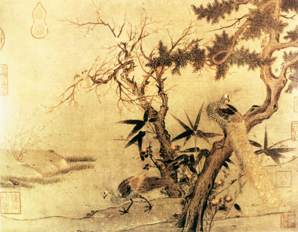 红梅孔雀图花鸟画中国古画0086