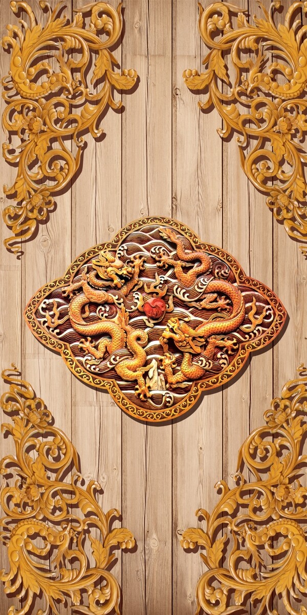 彩雕木纹中国龙