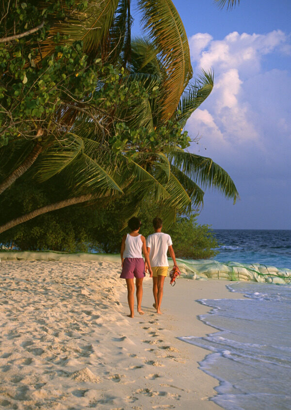 海岛海边海滩沙滩情侣背影椰树脚印度假