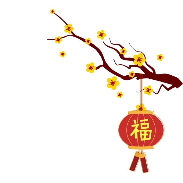 扁平化中国风梅花树枝和灯笼设计