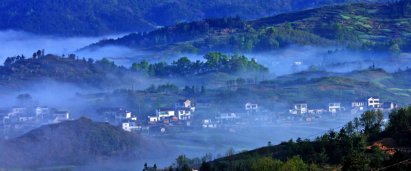 晨雾中的凤凰山村