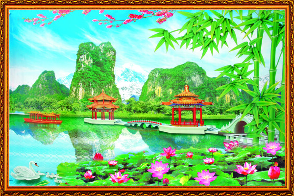 湖畔风情中式风景画