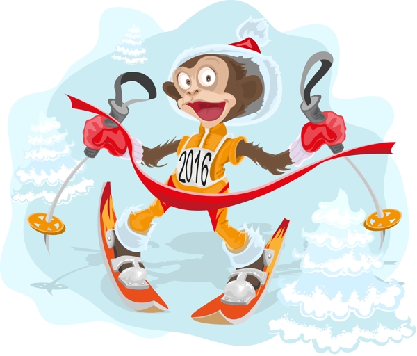 卡通滑雪猴子设计矢量素材