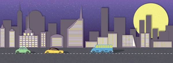 纯原创城市夜空星空建筑汽车插画背景