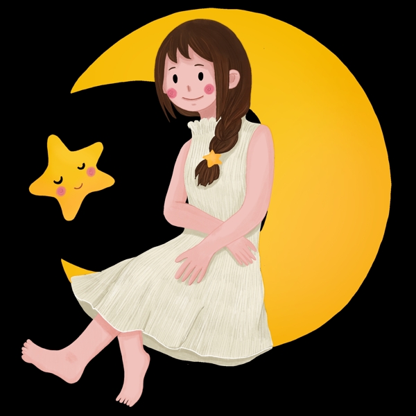 月亮上的小女孩插画
