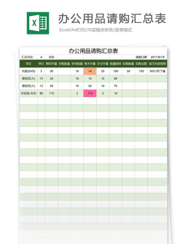 办公用品请购汇总表excel模板