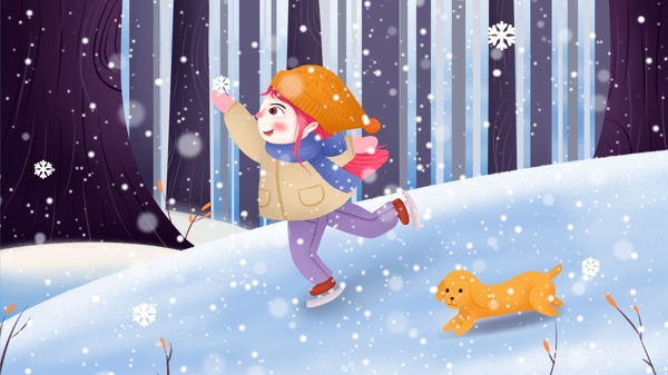 大雪节气女孩滑雪插画