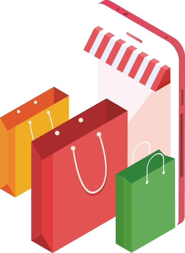 手绘卡通用购物袋形象展示手机网上购物