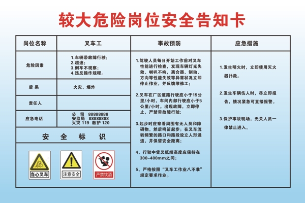 较大危险岗位安全告知卡