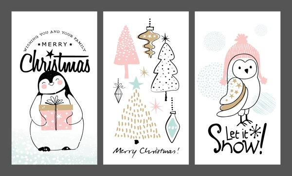 卡通动物贺卡线稿圣诞节创意卡片矢量
