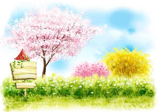 手绘韩式风景春天唯美插画设计