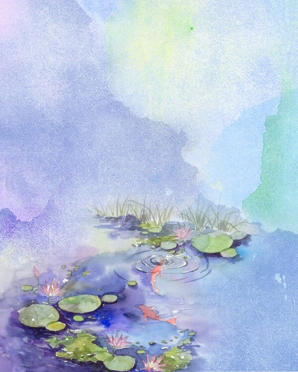 中国风池塘小鱼手绘画水彩墨迹装饰画