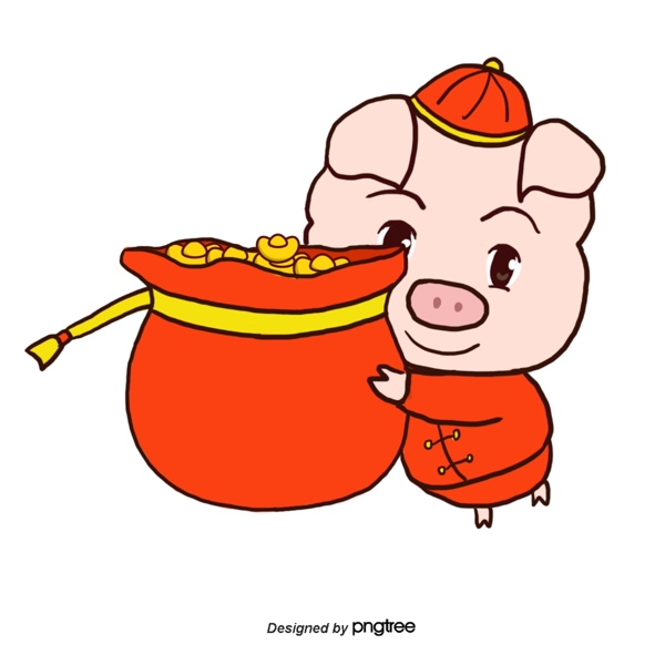 粉色的猪穿红色中国拿着一袋黄金