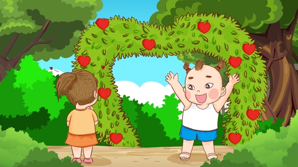 绿色情人节男孩给女孩看心形树手绘原创插画