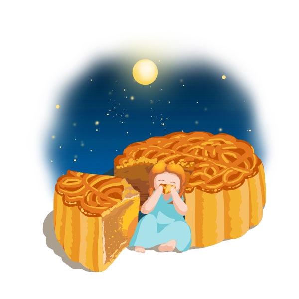 可商用手绘插画风中秋节小胖妞吃月饼