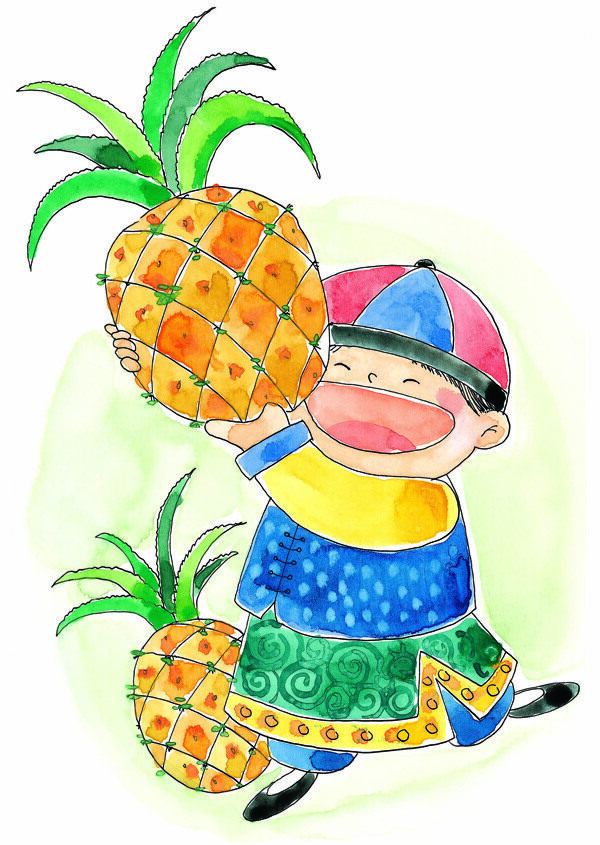 小孩吃菠萝水彩画