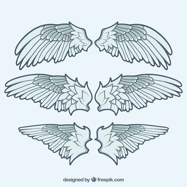 三个手绘风格双翼翅膀平面设计素材