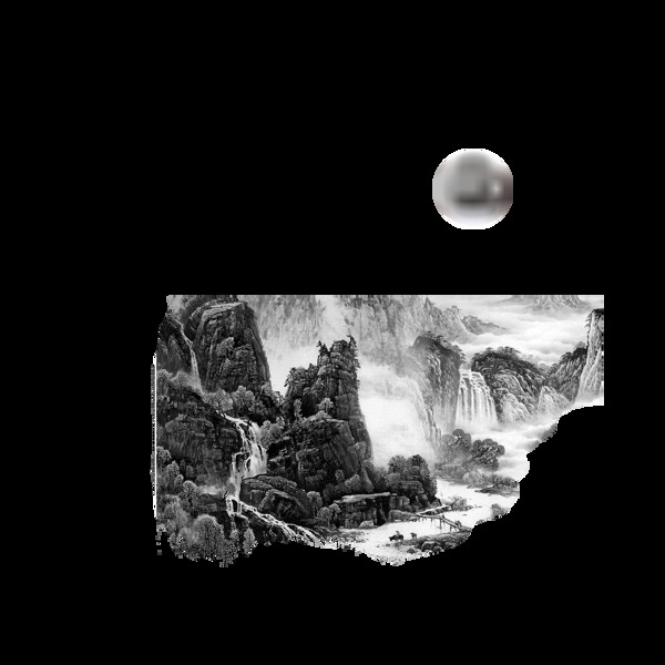 中国风暗色月亮水墨山水装饰元素