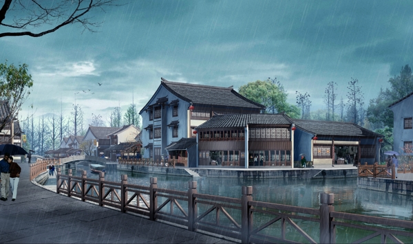 江南古民居雨景图图片