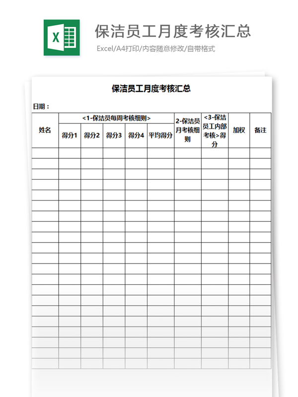 保洁员工月度考核汇总excel模板