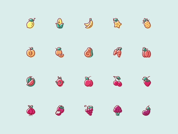 20个五颜六色的水果和蔬菜的图标