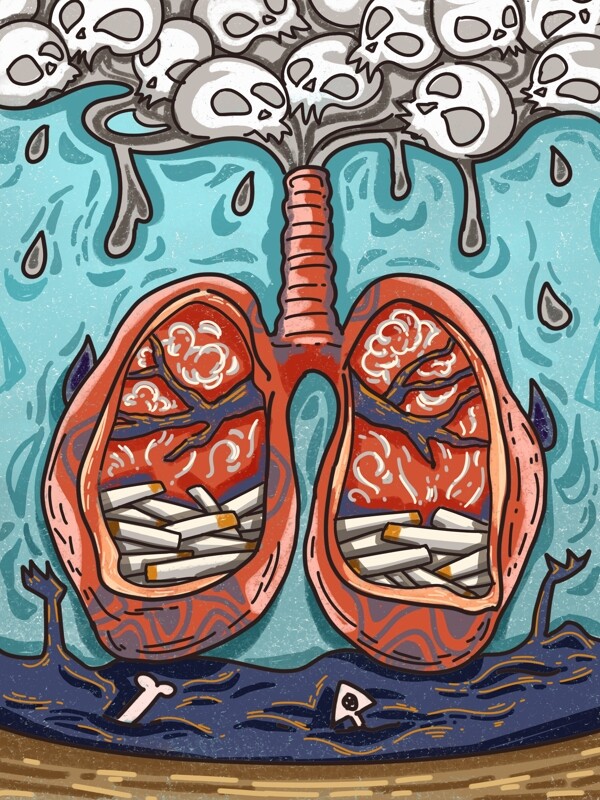吸烟有害健康死亡骷髅肺部器官插描边线稿画