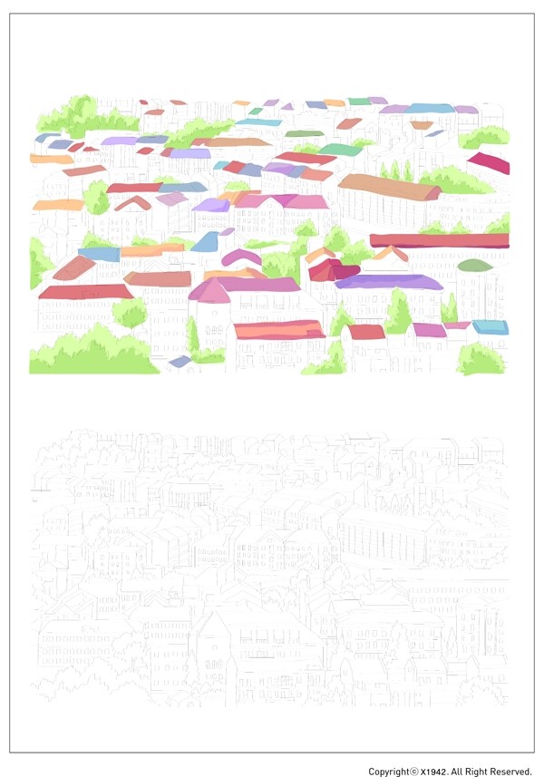 水彩城市房子矢量图