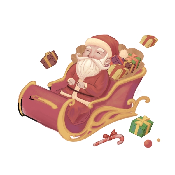 手绘复古坐在雪橇里的圣诞老人插画元素