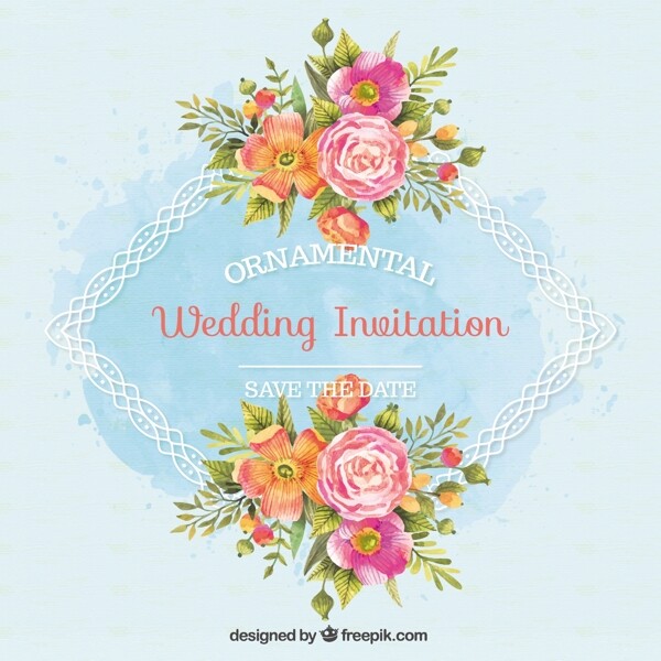 婚礼邀请与装饰框架和水彩花