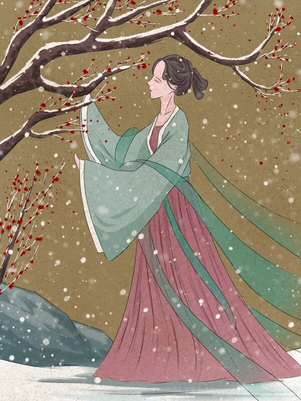 中国风水墨工笔画雪中赏梅的古装女子