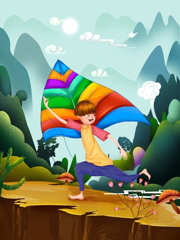 二十四节气春分放风筝的男孩