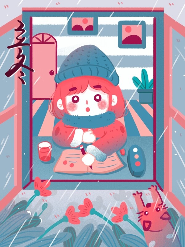 立冬节气坐在窗前看雨夹雪的小女孩和猫咪
